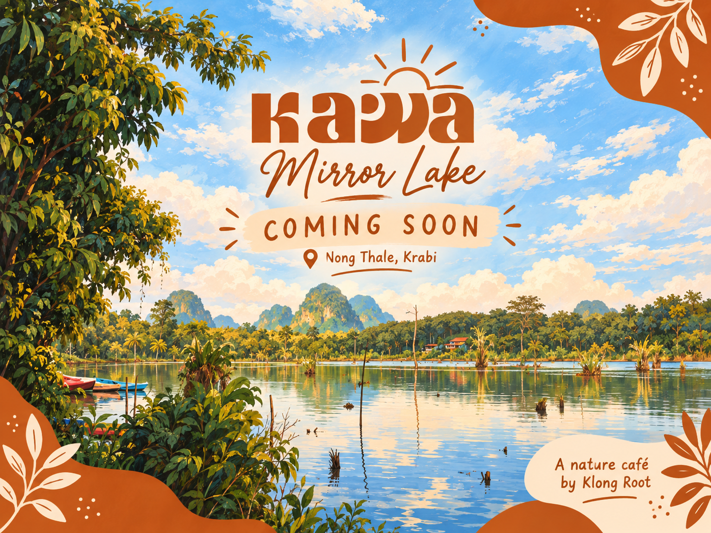 ภาพวาดทะเลสาบและภูเขากระบี่ พร้อมข้อความ Kawa Mirror Lake Coming Soon